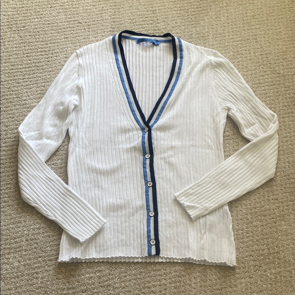 J. McLaughlin White Ribbed Cardigan with Navy and Blue Trim - Picture 3 of 5